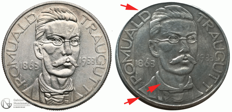 Awersy oryginalnego i fałszywego 10 złotych 1933 z Romualdem Trauguttem
