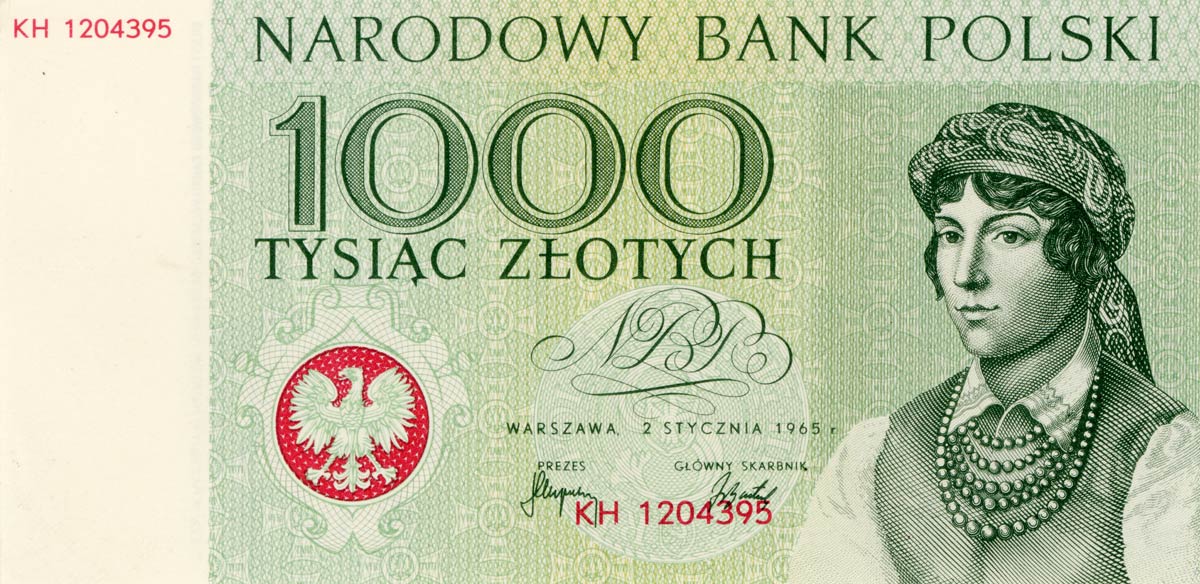 Awers banknotu 1000 złotych 1965 z serii Miasta Polskie wersja 1