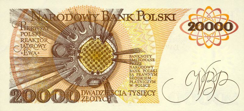 Rewers banknotu 20000 złotych 1989 z Marią Skłodowską-Curie