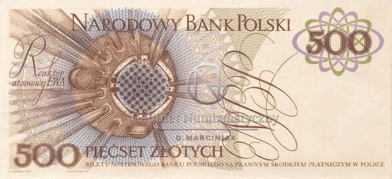 Rewers projektu banknotu 500 złotych 1971 z Marią Skłodowską-Curie