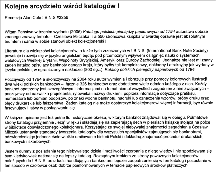 Polskie tłumaczenie recenzji IBNS Katalogu polskich pieniędzy papierowych od 1794 Czesława Miłczaka wydanie 2005